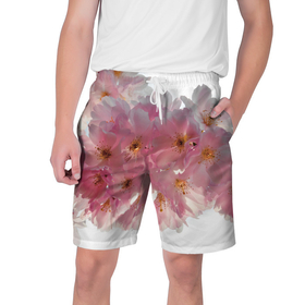 Мужские шорты 3D с принтом Нежно розовая сакура в Тюмени,  полиэстер 100% | прямой крой, два кармана без застежек по бокам. Мягкая трикотажная резинка на поясе, внутри которой широкие завязки. Длина чуть выше колен | 
