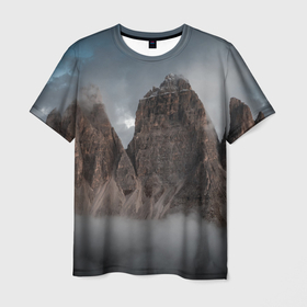 Мужская футболка 3D с принтом Горы окутанные туманом , 100% полиэфир | прямой крой, круглый вырез горловины, длина до линии бедер | Тематика изображения на принте: 