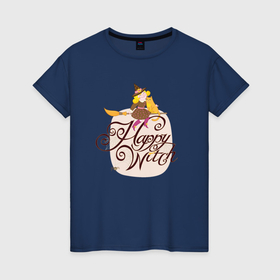 Женская футболка хлопок с принтом Волшебница с котиком на метле Happy Witch в Курске, 100% хлопок | прямой крой, круглый вырез горловины, длина до линии бедер, слегка спущенное плечо | 
