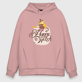 Мужское худи Oversize хлопок с принтом Волшебница с котиком на метле Happy Witch в Кировске, френч-терри — 70% хлопок, 30% полиэстер. Мягкий теплый начес внутри —100% хлопок | боковые карманы, эластичные манжеты и нижняя кромка, капюшон на магнитной кнопке | 