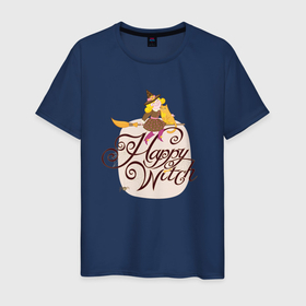 Мужская футболка хлопок с принтом Волшебница с котиком на метле Happy Witch в Кировске, 100% хлопок | прямой крой, круглый вырез горловины, длина до линии бедер, слегка спущенное плечо. | 