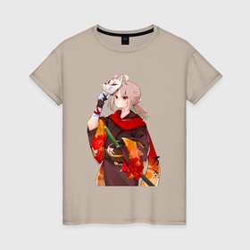 Женская футболка хлопок с принтом Каэдэхара Кадзуха  с мечом в Кировске, 100% хлопок | прямой крой, круглый вырез горловины, длина до линии бедер, слегка спущенное плечо | 