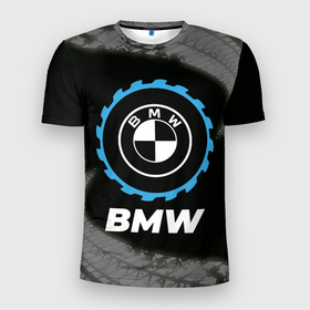 Мужская футболка 3D Slim с принтом BMW в стиле Top Gear со следами шин на фоне в Новосибирске, 100% полиэстер с улучшенными характеристиками | приталенный силуэт, круглая горловина, широкие плечи, сужается к линии бедра | 