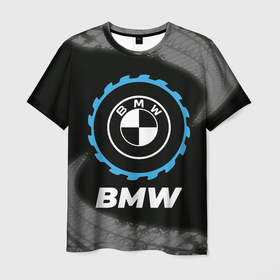 Мужская футболка 3D с принтом BMW в стиле Top Gear со следами шин на фоне в Екатеринбурге, 100% полиэфир | прямой крой, круглый вырез горловины, длина до линии бедер | 