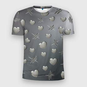 Мужская футболка 3D Slim с принтом Поляна из стальных сердечек и пульсов в Петрозаводске, 100% полиэстер с улучшенными характеристиками | приталенный силуэт, круглая горловина, широкие плечи, сужается к линии бедра | 