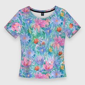 Женская футболка 3D Slim с принтом Цветущий луг абстракция акварель в Екатеринбурге,  |  | 
