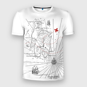 Мужская футболка 3D Slim с принтом Карта острова сокровищ в Екатеринбурге, 100% полиэстер с улучшенными характеристиками | приталенный силуэт, круглая горловина, широкие плечи, сужается к линии бедра | 
