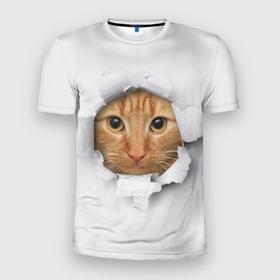 Мужская футболка 3D Slim с принтом Рыжий кот разрывает пространство в Тюмени, 100% полиэстер с улучшенными характеристиками | приталенный силуэт, круглая горловина, широкие плечи, сужается к линии бедра | 