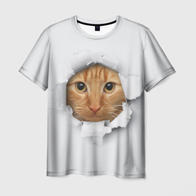 Мужская футболка 3D с принтом Рыжий кот разрывает пространство , 100% полиэфир | прямой крой, круглый вырез горловины, длина до линии бедер | 