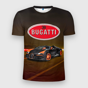 Мужская футболка 3D Slim с принтом Bugatti на ночной дороге в Тюмени, 100% полиэстер с улучшенными характеристиками | приталенный силуэт, круглая горловина, широкие плечи, сужается к линии бедра | 