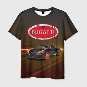 Мужская футболка 3D с принтом Bugatti на ночной дороге в Курске, 100% полиэфир | прямой крой, круглый вырез горловины, длина до линии бедер | 
