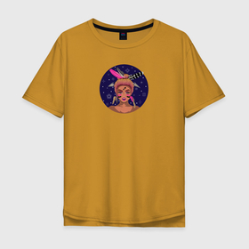 Мужская футболка хлопок Oversize с принтом Девушка с перьями и стрелами Знак зодиака Стрелец в Курске, 100% хлопок | свободный крой, круглый ворот, “спинка” длиннее передней части | 