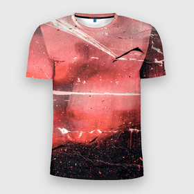 Мужская футболка 3D Slim с принтом Красный туман, царапины и краски в Екатеринбурге, 100% полиэстер с улучшенными характеристиками | приталенный силуэт, круглая горловина, широкие плечи, сужается к линии бедра | Тематика изображения на принте: 