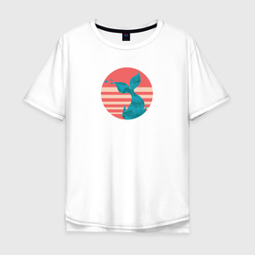 Мужская футболка хлопок Oversize с принтом Полигональный хвост кита и полосатый круг в Екатеринбурге, 100% хлопок | свободный крой, круглый ворот, “спинка” длиннее передней части | 
