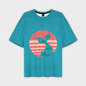 Мужская футболка OVERSIZE 3D с принтом Полигональный хвост кита в полосатом круге в Екатеринбурге,  |  | Тематика изображения на принте: 