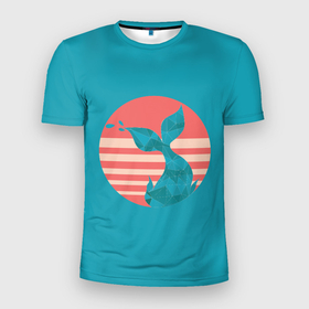 Мужская футболка 3D Slim с принтом Полигональный хвост кита в полосатом круге в Екатеринбурге, 100% полиэстер с улучшенными характеристиками | приталенный силуэт, круглая горловина, широкие плечи, сужается к линии бедра | Тематика изображения на принте: 