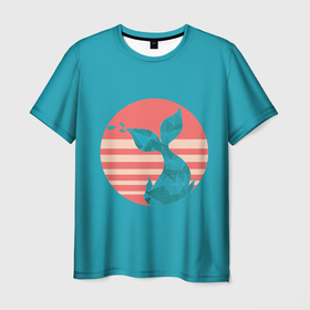 Мужская футболка 3D с принтом Полигональный хвост кита в полосатом круге в Екатеринбурге, 100% полиэфир | прямой крой, круглый вырез горловины, длина до линии бедер | 