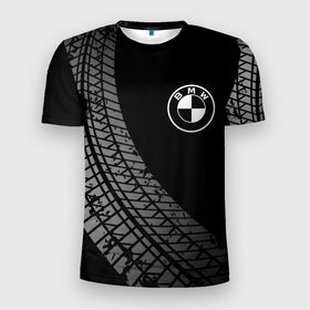 Мужская футболка 3D Slim с принтом BMW tire tracks в Новосибирске, 100% полиэстер с улучшенными характеристиками | приталенный силуэт, круглая горловина, широкие плечи, сужается к линии бедра | 