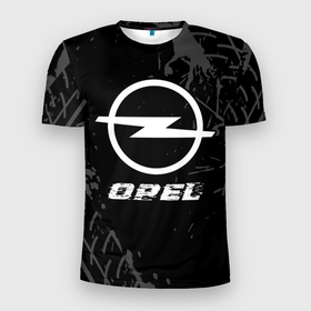 Мужская футболка 3D Slim с принтом Opel speed на темном фоне со следами шин в Санкт-Петербурге, 100% полиэстер с улучшенными характеристиками | приталенный силуэт, круглая горловина, широкие плечи, сужается к линии бедра | Тематика изображения на принте: 