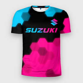 Мужская футболка 3D Slim с принтом Suzuki   neon gradient: символ сверху , 100% полиэстер с улучшенными характеристиками | приталенный силуэт, круглая горловина, широкие плечи, сужается к линии бедра | 