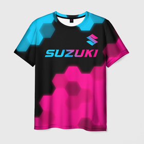 Мужская футболка 3D с принтом Suzuki   neon gradient: символ сверху в Петрозаводске, 100% полиэфир | прямой крой, круглый вырез горловины, длина до линии бедер | 