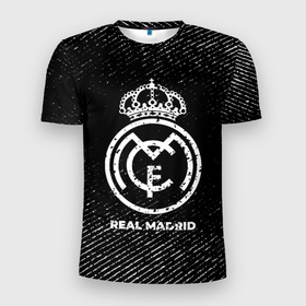 Мужская футболка 3D Slim с принтом Real Madrid с потертостями на темном фоне в Петрозаводске, 100% полиэстер с улучшенными характеристиками | приталенный силуэт, круглая горловина, широкие плечи, сужается к линии бедра | 