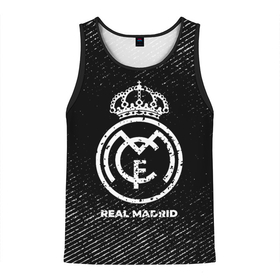 Мужская майка 3D с принтом Real Madrid с потертостями на темном фоне в городе Новоалтайск, 100% полиэстер | круглая горловина, приталенный силуэт, длина до линии бедра. Пройма и горловина окантованы тонкой бейкой | 