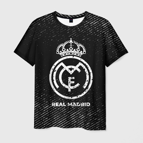 Мужская футболка 3D с принтом Real Madrid с потертостями на темном фоне в Тюмени, 100% полиэфир | прямой крой, круглый вырез горловины, длина до линии бедер | 