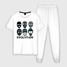 Мужская пижама хлопок с принтом Эволюция вратарских масок в Екатеринбурге, 100% хлопок | брюки и футболка прямого кроя, без карманов, на брюках мягкая резинка на поясе и по низу штанин
 | 