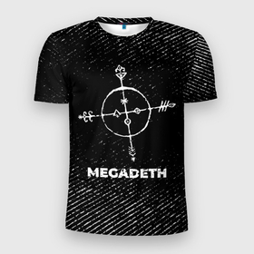 Мужская футболка 3D Slim с принтом Megadeth с потертостями на темном фоне , 100% полиэстер с улучшенными характеристиками | приталенный силуэт, круглая горловина, широкие плечи, сужается к линии бедра | Тематика изображения на принте: 