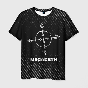 Мужская футболка 3D с принтом Megadeth с потертостями на темном фоне , 100% полиэфир | прямой крой, круглый вырез горловины, длина до линии бедер | Тематика изображения на принте: 