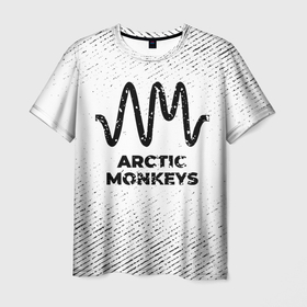 Мужская футболка 3D с принтом Arctic Monkeys с потертостями на светлом фоне в Петрозаводске, 100% полиэфир | прямой крой, круглый вырез горловины, длина до линии бедер | 
