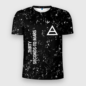 Мужская футболка 3D Slim с принтом Thirty Seconds to Mars glitch на темном фоне: надпись, символ в Петрозаводске, 100% полиэстер с улучшенными характеристиками | приталенный силуэт, круглая горловина, широкие плечи, сужается к линии бедра | 