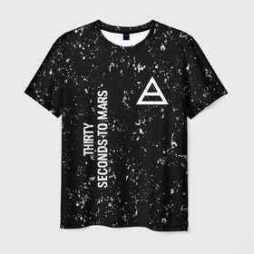 Мужская футболка 3D с принтом Thirty Seconds to Mars glitch на темном фоне: надпись, символ , 100% полиэфир | прямой крой, круглый вырез горловины, длина до линии бедер | 