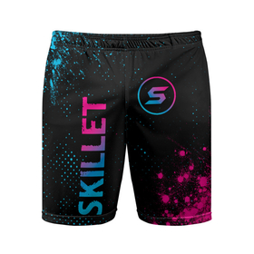Мужские шорты спортивные с принтом Skillet   neon gradient: надпись, символ в Тюмени,  |  | Тематика изображения на принте: 