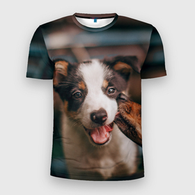 Мужская футболка 3D Slim с принтом Милого щенка целует собачка в Курске, 100% полиэстер с улучшенными характеристиками | приталенный силуэт, круглая горловина, широкие плечи, сужается к линии бедра | Тематика изображения на принте: 