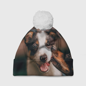 Шапка 3D c помпоном с принтом Милого щенка целует собачка в Курске, 100% полиэстер | универсальный размер, печать по всей поверхности изделия | Тематика изображения на принте: 