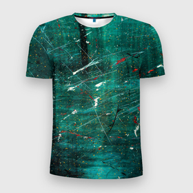 Мужская футболка 3D Slim с принтом Светло зелёный туман, краски и царапины , 100% полиэстер с улучшенными характеристиками | приталенный силуэт, круглая горловина, широкие плечи, сужается к линии бедра | Тематика изображения на принте: 