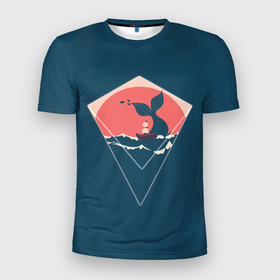 Мужская футболка 3D Slim с принтом Хвост кита и лодка в минималистском стиле в Кировске, 100% полиэстер с улучшенными характеристиками | приталенный силуэт, круглая горловина, широкие плечи, сужается к линии бедра | 