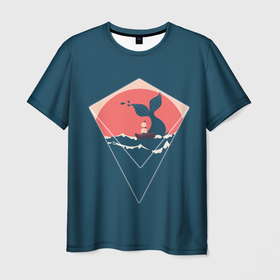 Мужская футболка 3D с принтом Хвост кита и лодка в минималистском стиле в Кировске, 100% полиэфир | прямой крой, круглый вырез горловины, длина до линии бедер | 
