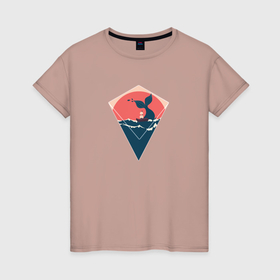 Женская футболка хлопок с принтом Китовый хвост и лодка в минималистском стиле в Курске, 100% хлопок | прямой крой, круглый вырез горловины, длина до линии бедер, слегка спущенное плечо | 