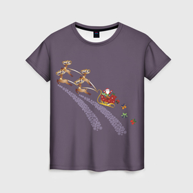 Женская футболка 3D с принтом Санта клаус и олени , 100% полиэфир ( синтетическое хлопкоподобное полотно) | прямой крой, круглый вырез горловины, длина до линии бедер | Тематика изображения на принте: 