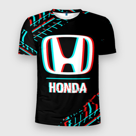 Мужская футболка 3D Slim с принтом Значок Honda в стиле glitch на темном фоне в Курске, 100% полиэстер с улучшенными характеристиками | приталенный силуэт, круглая горловина, широкие плечи, сужается к линии бедра | Тематика изображения на принте: 