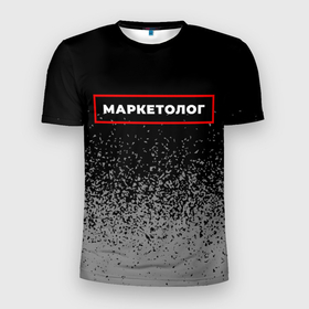 Мужская футболка 3D Slim с принтом Маркетолог   в красной рамке на темном в Новосибирске, 100% полиэстер с улучшенными характеристиками | приталенный силуэт, круглая горловина, широкие плечи, сужается к линии бедра | Тематика изображения на принте: 