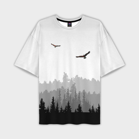 Мужская футболка OVERSIZE 3D с принтом Птицы над лесом ,  |  | 