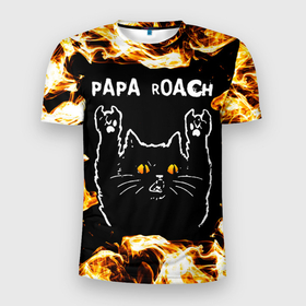 Мужская футболка 3D Slim с принтом Papa Roach рок кот и огонь , 100% полиэстер с улучшенными характеристиками | приталенный силуэт, круглая горловина, широкие плечи, сужается к линии бедра | 