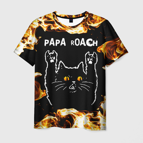 Мужская футболка 3D с принтом Papa Roach рок кот и огонь , 100% полиэфир | прямой крой, круглый вырез горловины, длина до линии бедер | 