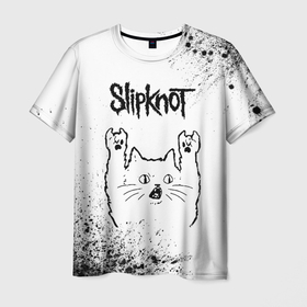 Мужская футболка 3D с принтом Slipknot рок кот на светлом фоне в Рязани, 100% полиэфир | прямой крой, круглый вырез горловины, длина до линии бедер | 