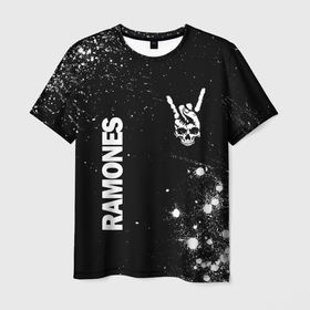 Мужская футболка 3D с принтом Ramones и рок символ на темном фоне , 100% полиэфир | прямой крой, круглый вырез горловины, длина до линии бедер | Тематика изображения на принте: 