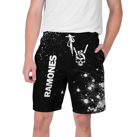Мужские шорты 3D с принтом Ramones и рок символ на темном фоне в Санкт-Петербурге,  полиэстер 100% | прямой крой, два кармана без застежек по бокам. Мягкая трикотажная резинка на поясе, внутри которой широкие завязки. Длина чуть выше колен | 
